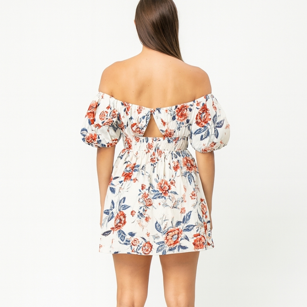 LUCKY BRAND Floral Off Shoulder Mini Dress Puff Sleeve‎ Lined Boho Chic Medium - Picture 2 of 12